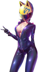 Rule 34 | 1girl, 1yen, absurdres, animal ears, arm behind back, biker clothes, bikesuit, black bodysuit, black gloves, bodysuit, breasts, cat ears, celty sturluson, cleavage, collarbone, contrapposto, cowboy shot, dullahan, durarara!!, gloves, hand up, helmet, highres, medium breasts, motorcycle helmet, open bodysuit, open clothes, partially unzipped, simple background, solo, tight clothes, v, visor, white background, yellow headwear