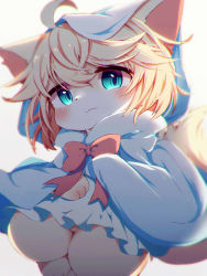 Rule 34 | 1girl, absurdres, ahoge, animal ears, animal hands, backlighting, blonde hair, blue eyes, blush, bow, cape, cat ears, cat girl, cat tail, dress, female focus, furry, furry female, highres, hood, hood up, hooded cape, looking at viewer, ne (nefuraito336), no panties, original, pink bow, simple background, sleeves past wrists, solo, tail, white background