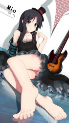 Rule 34 | 1girl, akiyama mio, ass, bare shoulders, barefoot, bass guitar, black dress, black hair, black hat, blue eyes, blush, breasts, brick wall, character name, cleavage, dated, don&#039;t say &quot;lazy&quot;, dress, dutch angle, electric guitar, eyebrows, feet, fender jazz bass, finger to mouth, foot focus, frilled dress, frills, gloves, guitar, hat, hat ribbon, highres, instrument, k-on!, legs, long hair, looking at viewer, medium breasts, mini hat, mini top hat, on floor, red ribbon, reflection, ribbon, see-through, single glove, sitting, sleeveless, sleeveless dress, solo, striped clothes, striped gloves, tile floor, tiles, toenails, toes, top hat, upskirt, xiao ren