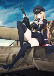 Rule 34 | 1girl, arm support, assault rifle, belt, black footwear, black necktie, black thighhighs, blonde hair, boots, breasts, closed mouth, commission, girls&#039; frontline, gloves, green eyes, gun, hat, high heel boots, high heels, highres, holding, holding gun, holding weapon, long hair, long sleeves, looking at viewer, medium breasts, military hat, military uniform, necktie, peaked cap, persocon93, pixiv commission, rifle, shirt, sitting, solo, stg44, stg44 (girls&#039; frontline), thigh boots, thighhighs, thighhighs under boots, uniform, very long hair, weapon, white belt, white gloves, white shirt