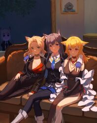 Rule 34 | 4girls, arknights, arm around neck, bare shoulders, bkub (style), black dress, black gloves, black hair, black pantyhose, black vest, blonde hair, blue eyes, blue gloves, blue shorts, boots, breasts, character request, cleavage, closed mouth, collared shirt, commentary request, couch, covered navel, dhsl, doctor (arknights), dress, elbow gloves, fingerless gloves, forehead, giovanna rossati (arknights), gloves, green eyes, grey hair, highres, indoors, lappland (arknights), lappland (refined horrormare) (arknights), long hair, long sleeves, medium breasts, multiple girls, on couch, pantyhose, pantyhose under shorts, poptepipic, red eyes, see-through, shirt, short shorts, shorts, smile, sora (arknights), sora (melodiosa) (arknights), texas (arknights), texas the omertosa (arknights), very long hair, vest, white footwear, white shirt, window