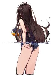 Rule 34 | 1girl, adjusting clothes, adjusting swimsuit, ass, back, bad id, bad pixiv id, breasts, brown hair, commentary request, counter:side, female focus, happening18, highres, karin wong, korean commentary, long hair, official alternate costume, one-piece swimsuit, simple background, solo, swimsuit, wading, wet