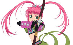 Rule 34 | 1girl, bow (weapon), chelsea torn, gloves, green eyes, hair ornament, hairpin, long hair, midriff, navel, official art, pink hair, pointing, serious, solo, tales of (series), tales of destiny, twintails, weapon, white background