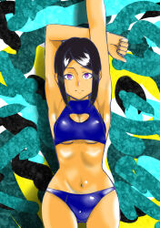 Rule 34 | 1girl, absurdres, armpits, arms up, bikini, black hair, blue background, blue bikini, breasts, cleavage, cleavage cutout, closed mouth, clothing cutout, danganronpa: trigger happy havoc, danganronpa (series), female focus, freckles, highres, ikusaba mukuro, kbt-type, looking at viewer, medium breasts, navel, purple eyes, shiny clothes, shiny skin, simple background, solo, swimsuit, tan, underboob, upper body, white background, yellow background