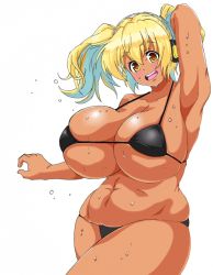 Rule 34 | 1girl, arm up, armpits, bikini, blonde hair, blush, breasts, cleavage, highres, huge breasts, long hair, looking at viewer, nitroplus, open mouth, plump, smile, solo, super pochaco, sweat, swimsuit, twintails, yellow eyes