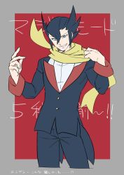 Rule 34 | 1boy, black hair, black jacket, black pants, border, buttons, commentary, cowboy shot, creatures (company), game freak, grey border, grimsley (pokemon), grin, hair between eyes, hands up, highres, jacket, long sleeves, looking at viewer, male focus, nintendo, pants, pkpokopoko3, pokemon, pokemon bw, scarf, shirt, smile, smirk, solo, spiked hair, translation request, white shirt, yellow scarf