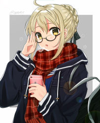 Rule 34 | 1girl, :o, adjusting eyewear, ahoge, artoria pendragon (fate), bad id, bad pixiv id, bag, black-framed eyewear, black coat, blonde hair, blush, braid, breath, camera phone, cellphone, coat, duffel bag, fate/grand order, fate (series), glasses, hand up, highres, holding, holding phone, lens flare, long sleeves, looking at viewer, mysterious heroine x alter (fate), mysterious heroine x alter (first ascension) (fate), open clothes, open coat, open mouth, palms, phone, plaid, plaid scarf, red scarf, scarf, semi-rimless eyewear, short hair, smartphone, solo, tareme, twitter username, two-tone background, under-rim eyewear, upper body, wenquangua, yellow eyes