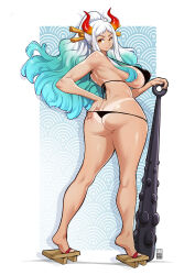 Rule 34 | 1girl, ass, bayeuxman, bikini, black bikini, blue background, blue hair, border, breasts, butt crack, closed mouth, club (weapon), covered erect nipples, from behind, full body, geta, gradient hair, hand on own hip, horns, kneepits, large breasts, long hair, looking back, multicolored hair, one piece, orange eyes, ponytail, shiny skin, solo, standing, swimsuit, tan, tanline, tiptoes, two-tone hair, white border, white hair, yamato (one piece)
