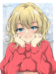 Rule 34 | 1girl, blonde hair, blue eyes, braid, breast rest, breasts, colorado (kancolle), gakky, hands on own face, kantai collection, looking at viewer, medium breasts, official alternate costume, one-hour drawing challenge, red sweater, ribbed sweater, short hair, side braids, smile, solo, sweater