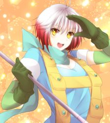 Rule 34 | 1girl, ahoge, blush, breasts, cleavage, elbow gloves, gloves, gradient hair, grey hair, multicolored hair, open mouth, pascal (tales), red hair, scarf, short hair, tales of (series), tales of graces, two-tone hair, yellow eyes