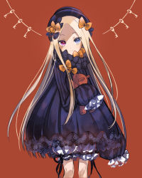 Rule 34 | 1girl, abigail williams (fate), bad id, bad pixiv id, black bow, black dress, black hat, blonde hair, bloomers, blue eyes, bow, brown background, bug, butterfly, closed mouth, commentary request, cowboy shot, dress, fate/grand order, fate (series), forehead, hair bow, hat, heterochromia, hugging object, insect, key, long hair, long sleeves, looking at viewer, ml (xjtn3257), orange bow, parted bangs, polka dot, polka dot bow, purple eyes, sleeves past fingers, sleeves past wrists, smile, solo, stuffed animal, stuffed toy, teddy bear, underwear, very long hair, white bloomers