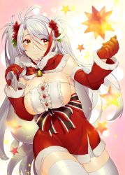 Rule 34 | 1girl, antenna hair, azur lane, bell, bow, breasts, center frills, christmas, cleavage, closed mouth, detached sleeves, flower, frills, fur-trimmed skirt, fur-trimmed sleeves, fur trim, gloves, hair between eyes, hair flower, hair intakes, hair ornament, high-waist skirt, highres, holding, holding sack, large breasts, leaf, long hair, long sleeves, maitei roppa, mole, mole on breast, multicolored eyes, multicolored hair, over shoulder, prinz eugen (azur lane), red eyes, red flower, red gloves, red hair, red skirt, sack, santa costume, sideboob, silver hair, skirt, smile, solo, star (symbol), streaked hair, thighhighs, thighs, two-tone hair, two side up, very long hair, white thighhighs, yellow eyes, zettai ryouiki