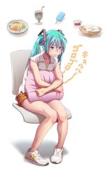 Rule 34 | 1girl, aqua hair, blue eyes, blush, chair, food, full body, hatsune miku, hungry, long hair, new balance, no socks, hugging object, pigeon-toed, pillow, pillow hug, popsicle, shaded face, simple background, sitting, solo, stomach growling, sweat, twintails, vocaloid, wavy mouth, white background, wokada