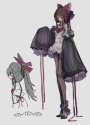 Rule 34 | 1girl, adapted costume, bad id, bad twitter id, boots, bow, brown hair, brown pantyhose, detached sleeves, frilled boots, frills, full body, grey background, hair bow, hair tubes, hakurei reimu, highres, long hair, multiple views, pantyhose, pinstripe legwear, pinstripe pattern, red bow, red eyes, red shirt, riyuu (ryu328szhk), shirt, simple background, skirt, sleeves past fingers, sleeves past wrists, striped clothes, striped pantyhose, touhou, vertical-striped clothes, vertical-striped pantyhose, white footwear, white skirt, wide sleeves