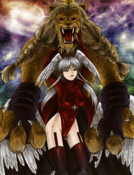 Rule 34 | 1girl, angel wings, beard, blonde hair, bodysuit, braid, breasts, bridal gauntlets, claws, contrapposto, cross, demon, facial hair, fangs, feathers, final fantasy, final fantasy tactics, gloves, grey eyes, groin, hair over shoulder, hashmal (final fantasy), head wings, highleg, highleg leotard, large breasts, leotard, lipstick, long hair, looking at viewer, low twintails, low wings, lucavi, makeup, no pupils, open mouth, parted bangs, sharp teeth, silver hair, size difference, smile, smirk, standing, teeth, thighhighs, twin braids, twintails, ultima (fft), underbust, wings, yoshisaki (mlover)