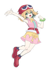 Rule 34 | 1girl, absurdres, amitie (puyopuyo), arm up, beanie, belt, black socks, blonde hair, clenched hand, green bracelet, hair between eyes, hat, highres, hooded shirt, kashima miyako, looking at viewer, open mouth, pink shirt, puyopuyo, puyopuyo fever, red belt, red footwear, red hat, shirt, short hair, shorts, simple background, sketch, socks, solo, white background, yellow shorts