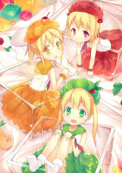 Rule 34 | 3girls, :d, :o, blonde hair, bracelet, cherry, fairy wings, food, food-themed clothes, food-themed ornament, fred04142, fruit, gelatin, green eyes, hands on own knees, hat, jewelry, looking at viewer, multiple girls, neckerchief, open mouth, original, red eyes, scrunchie, see-through, shirt, sitting, skirt, sleeveless, sleeveless shirt, smile, twintails, wariza, wings, yellow eyes
