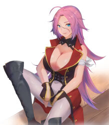Rule 34 | 1girl, ahoge, blue eyes, boots, breasts, cleavage, coat, fate/grand order, fate (series), francis drake (fate), highres, huge breasts, knee boots, large breasts, long hair, mochidayo (lovefate999), pants, pink hair, popped collar, red coat, scar, scar on face, sitting, sleeveless, sleeveless coat, solo, very long hair, white pants, wrist cuffs