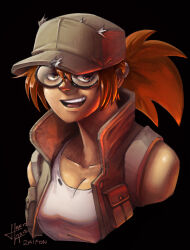 Rule 34 | 1girl, bare shoulders, baseball cap, breasts, brown eyes, brown hair, cleavage, fio germi, glasses, hat, looking at viewer, medium breasts, metal slug, open mouth, ponytail, pouch, round eyewear, solo, teeth, tongue, torn clothes, torn hat, upper body, vest, vest pouch, za1f0n