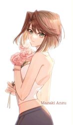 Rule 34 | 1girl, alternate costume, bob cut, bracelet, brown hair, character name, commentary, crop top, english commentary, flower, flower request, green eyes, grey skirt, hands up, highres, holding, holding flower, jewelry, looking at viewer, looking back, mazaki anzu, midriff, naoki (2rzmcaizerails6), parted bangs, pearl bracelet, pink flower, shirt, short hair, simple background, skirt, sleeveless, sleeveless shirt, solo, upper body, white background, white shirt, yu-gi-oh!, yu-gi-oh! duel monsters