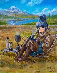 Rule 34 | 1girl, artist name, backpacking stove, blue hair, blue sky, blush, boots, brown footwear, cloud, cloudy sky, coat, coffee maker, cup, day, fingerless gloves, full body, gloves, grass, hair bun, highres, holding, holding cup, knee boots, long sleeves, medium hair, mountain, nature, nose blush, outdoors, portable stove, purple eyes, scenery, shima rin, sidelocks, signature, single hair bun, sitting, sky, solo, tafuto, traditional media, tree, yurucamp