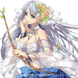 Rule 34 | 1girl, blue eyes, blue hair, bow, bow (weapon), bracelet, breasts, cleavage, earrings, flower, grey hair, hair flower, hair ornament, jewelry, large breasts, long hair, matching hair/eyes, midriff, nail polish, smile, solo, weapon, yutif
