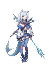 Rule 34 | 1girl, absurdres, alternate costume, animal ears, assault rifle, bloop (gawr gura), blue eyes, blue footwear, blue skirt, cat ears, einheadt, fins, fish tail, gawr gura, gun, gun on back, highres, holding, holding weapon, hololive, hololive english, jacket, kemonomimi mode, looking to the side, polearm, rifle, school uniform, serafuku, shark tail, side ponytail, skirt, smile, solo, tail, thighhighs, trident, virtual youtuber, weapon, weapon on back, white background, white jacket