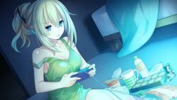 Rule 34 | 1girl, alternate hairstyle, bare shoulders, blonde hair, blue eyes, brave neptune, breasts, camisole, censored, cleavage, controller, dark, dutch angle, game controller, indoors, large breasts, long hair, neptune (series), off shoulder, official art, open mouth, playing games, ponytail, sitting, solo, strap slip, television, tsunako, v-shaped eyebrows, vert (neptunia), video game, watermark