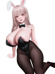 Rule 34 | 1girl, absurdres, animal ears, areola slip, arm support, bare shoulders, black bow, black bowtie, black leotard, bow, bowtie, breasts, cleavage, covered erect nipples, covered navel, detached collar, hair between eyes, highleg, highleg leotard, highres, huge breasts, large areolae, leotard, long hair, looking at viewer, madan (kkh8936), mole, mole on breast, mole under eye, nose, open mouth, original, pantyhose, parted lips, pink eyes, pink hair, playboy bunny, rabbit ears, simple background, sketch, solo, traditional bowtie, undersized breast cup, white background