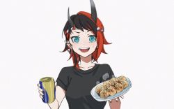 Rule 34 | 1girl, alternate costume, beer can, black hair, black shirt, blue eyes, blush, breasts, can, chain, commentary request, demon girl, demon horns, drink can, ear chain, ear piercing, food, gin (tttetu123), hachimaki, headband, holding, holding can, holding plate, horns, large breasts, looking at viewer, multicolored hair, nanashi inc., open mouth, piercing, plate, pointy ears, red hair, ryugasaki rene, shirt, short hair, simple background, smile, solo, sugar lyric, t-shirt, takoyaki, two-tone hair, upper body, virtual youtuber, white background