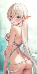 Rule 34 | 1girl, ass, bare arms, belly chain, blue eyes, blush, breasts, commentary request, cowboy shot, elf, hair between eyes, highres, jewelry, long hair, looking at viewer, looking back, medium breasts, original, parted lips, pointy ears, revealing clothes, sideboob, solo, standing, tomozero, very long hair, white hair