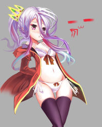 Rule 34 | 1girl, arms behind back, black thighhighs, blush, bow, bow bra, bow panties, bra, closed mouth, cowboy shot, crown, frilled bra, frills, frown, grey background, hair between eyes, highres, jacket, long hair, looking at viewer, no game no life, no pants, off shoulder, panties, ponytail, purple eyes, purple hair, red jacket, shiro (no game no life), side-tie panties, simple background, skindentation, solo, standing, thigh gap, thighhighs, underwear, very long hair, white bra, white panties, xiaoyu