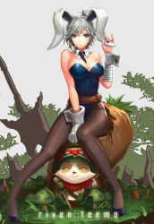 Rule 34 | 1girl, absurdres, alternate costume, animal ears, battle bunny riven, blood, breasts, brown pantyhose, carrot earrings, character name, cherrylich, cleavage, daeho cha, earrings, fake animal ears, food-themed earrings, food themed earrings, highres, jewelry, large breasts, league of legends, leotard, nosebleed, pantyhose, phone, playboy bunny, rabbit ears, riven (league of legends), teemo