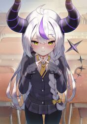 Rule 34 | 1girl, ahoge, ao ne, black nails, black pantyhose, black skirt, black sweater, blush, braid, classroom, closed mouth, collared shirt, demon girl, demon horns, demon tail, grey hair, highres, hololive, horns, index fingers together, la+ darknesss, long braid, long hair, long sleeves, looking at viewer, multicolored hair, necktie, pantyhose, purple hair, school uniform, shirt, skirt, sleeves past wrists, streaked hair, striped horns, sweater, tail, virtual youtuber, white shirt, wrist cuffs, yellow eyes, yellow necktie