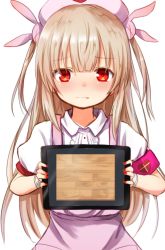 Rule 34 | &gt; &lt;, 1girl, apron, armband, baram, blush, center frills, collared shirt, cutting board, fang, fang out, fingernails, frills, hair between eyes, hair ornament, hat, heart, holding, light brown hair, long hair, looking at viewer, nail polish, natori sana, nose blush, nurse cap, pink apron, pink hat, puffy short sleeves, puffy sleeves, rabbit hair ornament, red eyes, red nails, sana channel, shirt, short sleeves, simple background, solo, tablet pc, two side up, very long hair, virtual youtuber, white background, white shirt