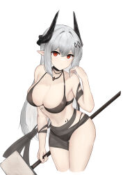 Rule 34 | 1girl, absurdres, arknights, bare arms, bare shoulders, bikini, black bikini, black choker, breasts, choker, cleavage, commentary, cropped legs, grey hair, hair between eyes, hammer, highres, holding, holding hammer, holding weapon, horns, large breasts, long hair, looking at viewer, mudrock (arknights), mudrock (silent night) (arknights), navel, official alternate costume, pointy ears, red eyes, sarea (sarea2020), simple background, solo, standing, stomach, swimsuit, thighs, very long hair, weapon, white background