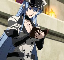 Rule 34 | 10s, 1girl, akame ga kill!, blue eyes, blue hair, breasts, cleavage, esdeath, hat, highres, large breasts, long hair, open mouth, solo, square enix, standing, stitched, tattoo, third-party edit, uniform, writing