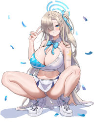 Rule 34 | 1girl, absurdres, asuna (blue archive), bare shoulders, blue archive, blue bow, blue bowtie, blue eyes, blue ribbon, bow, bowtie, breasts, cleavage, crop top, dishui tangni, grey hair, grin, hair over one eye, hair ribbon, hand up, highres, huge breasts, long hair, looking at viewer, midriff, miniskirt, navel, one side up, panties, ribbon, shoes, shoulder tattoo, simple background, skirt, smile, sneakers, solo, squatting, stomach, tattoo, thighs, underwear, v, very long hair, white background, white footwear, white panties, white skirt