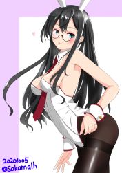 Rule 34 | 1girl, absurdres, alternate breast size, animal ears, between breasts, black hair, black pantyhose, breasts, commentary request, dated, detached collar, glasses, green eyes, highres, kantai collection, leotard, long hair, looking at viewer, medium breasts, necktie, nitamako (sakamalh), one-hour drawing challenge, ooyodo (kancolle), pantyhose, playboy bunny, rabbit ears, rabbit tail, red necktie, semi-rimless eyewear, solo, strapless, strapless leotard, tail, thighband pantyhose, twitter username, under-rim eyewear, white leotard, wrist cuffs