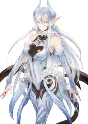 Rule 34 | 1girl, armpits, bodysuit, bodysuit under clothes, bridal gauntlets, demon girl, grey eyes, highres, horns, leotard, long hair, original, pointy ears, ricci, silver hair, simple background, solo, tail, very long hair, white background, wings