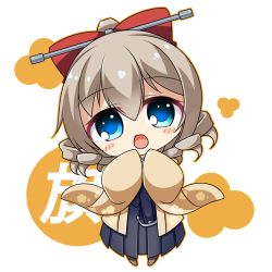 Rule 34 | 10s, 1girl, black hakama, blue eyes, blush, bow, chibi, commentary request, drill hair, hair between eyes, hair bow, hakama, hakama skirt, hatakaze (kancolle), japanese clothes, kantai collection, kimono, light brown hair, looking at viewer, meiji schoolgirl uniform, open mouth, peta (taleslove596), red bow, simple background, skirt, solo, wavy hair, wide sleeves, yellow kimono