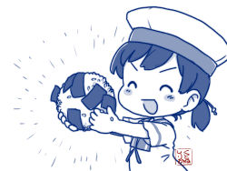 Rule 34 | 1girl, black hair, blue theme, commentary request, dress, closed eyes, food, hat, hiburi (kancolle), holding, kantai collection, kutone shirika, low ponytail, monochrome, onigiri, sailor collar, sailor dress, sailor hat, short hair, short sleeves, smile, solo, upper body