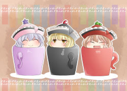 Rule 34 | 3girls, ^ ^, blonde hair, blush, brown hair, chibi, closed eyes, crescent, cup, closed eyes, female focus, hammer (sunset beach), hat, in container, in cup, light purple hair, lunasa prismriver, lyrica prismriver, merlin prismriver, multiple girls, musical note, no nose, open mouth, short hair, smile, star (symbol), sun, touhou, v, yellow eyes