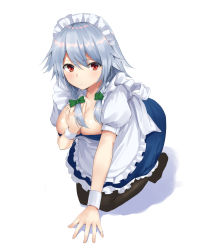 Rule 34 | 1girl, apron, black pantyhose, bow, braid, breasts, cleavage, commentary request, frilled apron, frills, full body, green bow, hair bow, hand on own chest, highres, izayoi sakuya, large breasts, looking at viewer, maid apron, maid headdress, no shoes, pantyhose, petticoat, puffy short sleeves, puffy sleeves, red eyes, seiza, short hair, short sleeves, silver hair, simple background, sitting, solo, suiroh (shideoukami), touhou, twin braids, white background, wrist cuffs
