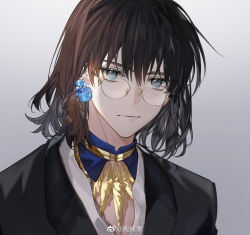 Rule 34 | 1boy, arlizi, black jacket, blue eyes, chinese commentary, closed mouth, earrings, face, fate/grand order, fate (series), flower earrings, glasses, gradient background, grey background, highres, jacket, jewelry, long hair, looking at viewer, male focus, medium hair, oberon (fate), oberon (overnight dream) (fate), official alternate costume, shirt, single earring, solo, spoilers, weibo logo, weibo watermark, white shirt