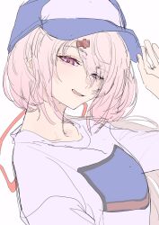 Rule 34 | 1girl, alternate costume, arm up, baseball cap, belt, blue headwear, blue shorts, breasts, eyes visible through hair, hair ornament, hair over one eye, hair ribbon, hand on headwear, hat, highres, large breasts, long hair, looking at viewer, low ponytail, nijisanji, obihironn, parted lips, pink hair, red belt, red eyes, red ribbon, ribbon, shiina yuika, shirt, shorts, simple background, sketch, smile, virtual youtuber, white background