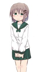 Rule 34 | 1girl, blush, brown hair, closed mouth, embarrassed, female focus, flat chest, green eyes, green sailor collar, green skirt, hair ornament, hairclip, half-closed eyes, have to pee, highres, long sleeves, looking to the side, miniskirt, own hands together, pleated skirt, ponnu (tnpn2yw), sailor collar, school uniform, shirt, short hair, simple background, skirt, solo, standing, v arms, wavy mouth, white background, white shirt, yama no susume, yukimura aoi