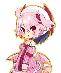 Rule 34 | 1girl, ahoge, anini, collar, cowboy shot, demon girl, demon tail, detached sleeves, disgaea, dress, hair between eyes, hat, highres, looking at viewer, magical girl, majolaine (disgaea), makai senki disgaea 6, pink dress, pink hair, pink wings, pointy ears, red eyes, side ponytail, striped clothes, striped dress, tail, white background, wings