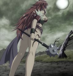 Rule 34 | 1girl, armor, ass, highres, long hair, mace, queen&#039;s blade, red hair, risty (queen&#039;s blade), screencap, solo, standing, stitched, tattoo, third-party edit, thong, weapon
