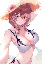 Rule 34 | 1girl, animal ears, arched back, arm up, bare shoulders, bikini, bow, breasts, brown eyes, brown hair, collarbone, dog ears, foreshortening, grin, hair between eyes, hair bow, hair intakes, halterneck, hat, highres, hololive, inugami korone, kaneko (bblogtinhan), large breasts, looking at viewer, navel, outstretched arm, red bow, ribbon, side-tie bikini bottom, simple background, skindentation, smile, solo, straw hat, string bikini, swimsuit, virtual youtuber, wet, white background, white bikini